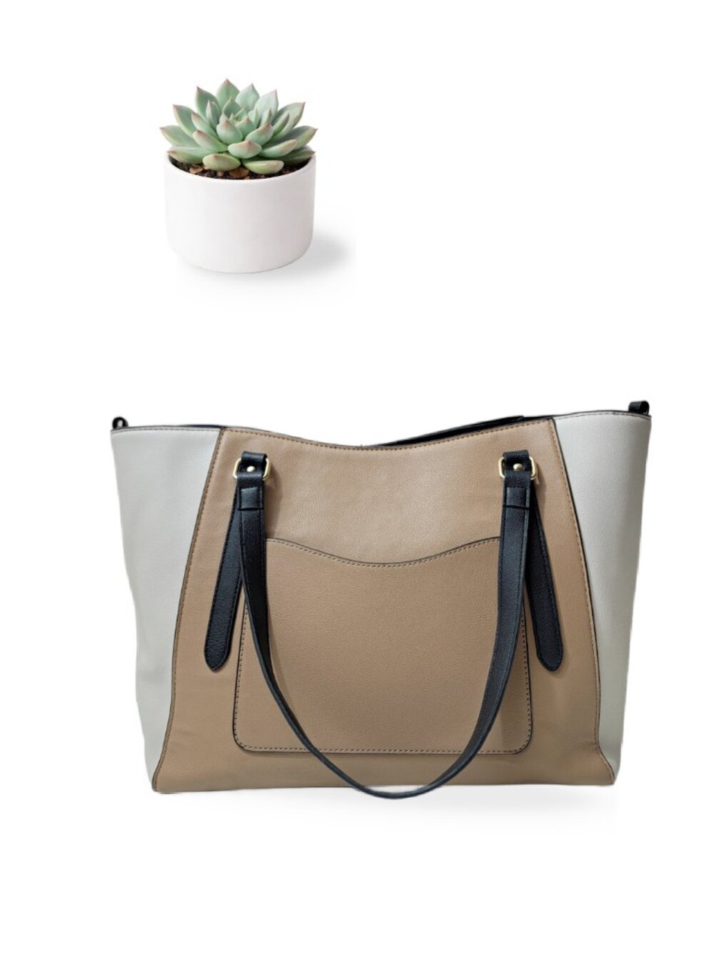 Nine West Colorblock Tote Bag Camel Cream Black Large Shoulder Purse Handbag - Picture 3 of 9